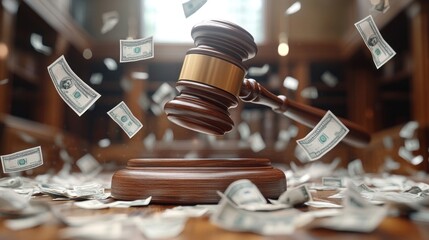 A wooden gavel hovers in the air, surrounded by money flying on an empty table inside a courtroom displaying the financial power in the trial