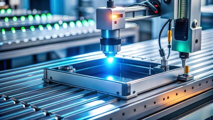 Automated quality control machine scanning a product’s surface for imperfections, glowing indicators, [quality control], [industrial automation]