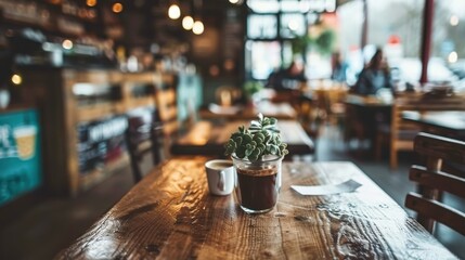Cozy cafe interior with focus on succulent plant in glass jar on rustic wooden table, background features softly blurred customers and warm ambient lighting, creating a peaceful, intimate setting.
