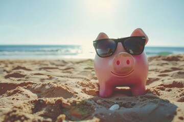 A pig wearing sunglasses is sitting on the beach, generative ai image