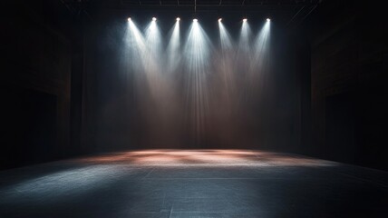 An empty theater stage with dramatic lighting, featuring multiple spotlights that illuminate the stage floor. The atmosphere is set with a dark background, enhancing the focus on the stage area. 