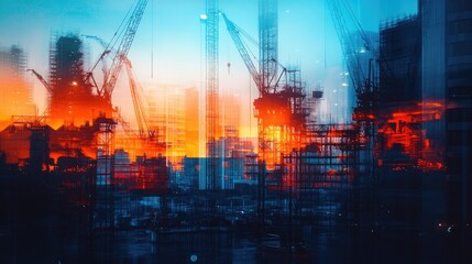 Silhouetted cityscape with construction cranes at sunset.  The image creates a sense of urban growth, industry, and progress.