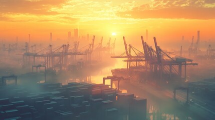Obraz premium A hazy sunrise over a bustling port with cargo ships and cranes.