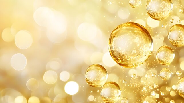 Golden Cosmetics Bubbles, Abstract Molecular Motion in Luxe Fluid
