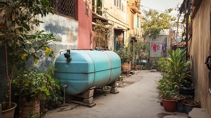 Obraz premium Domestic Large Plastic Water Tanker on the Terrace of an Indian Street Home, Emphasizing the Practical Storage Solution for Water Supply. The Image Highlights the Tanker’s Size and Placement 