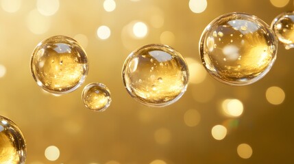 Golden Cosmetics Bubbles, Abstract Molecular Motion in Luxe Fluid