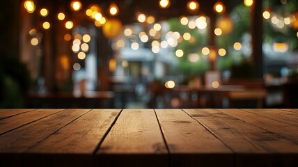 Empty wooden table top with lights bokeh on blur restaurant background. 