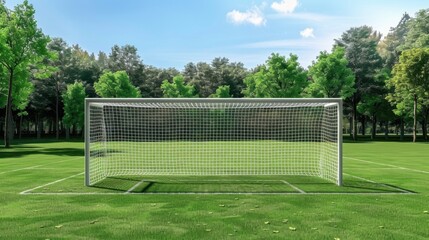 The Goal: Two upright posts connected by a crossbar with a net behind to catch the ball, measuring 7.32 meters wide and 2.44 meters high in standard size.
