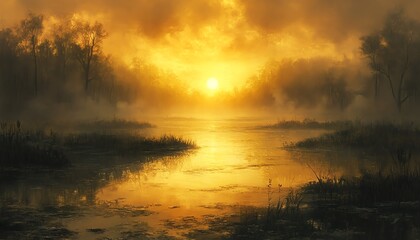 Obraz premium Early fall sunrise over a swampy river, Dungeons and Dragons setting, oil painting style, misty and warm light, detailed fantasy scenery, atmospheric depth