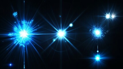 Naklejka premium Lens flare, blue glow light effect on black. image of rays light effects, overlays or flare for design. screen blending mode. Set of abstract sun burst, flare, glare over black background.