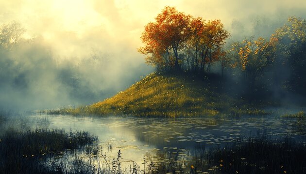 Fantasy landscape of a grassy hill and swampy river at dawn, early fall colors, Dungeons and Dragons background art, oil painting style, misty atmosphere, intricate texture