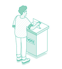 Presidential election banner. Young man drops a ballot into a ballot box at a polling station. Isometric outline concept. Male voter placing ballot in ballot box.