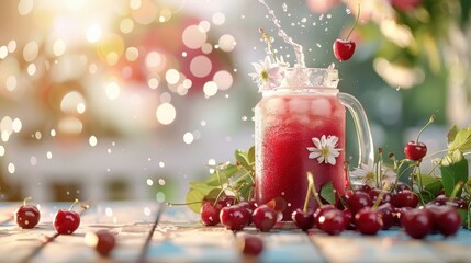 Pitcher of cherry juice on rustic table, fresh cherries, splash of juice, cozy, inviting atmosphere.
