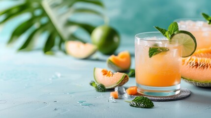 Fototapeta premium Cantaloupe juice cocktail with sparkling water and a lime twist, served in a highball glass, set against a bright summer backdrop, perfect for a refreshing drink.