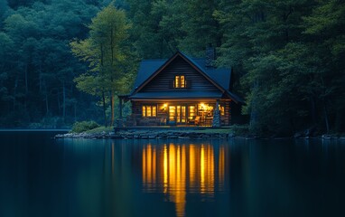 Fototapeta premium Cabin by a lake at night, interior softly lit with warm dim lights, intriguing and unexpected details, cozy and serene setting