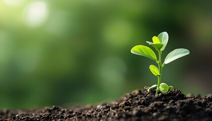 Emerging green plant in soil representing growth and new beginnings amidst a blurred natural backdrop