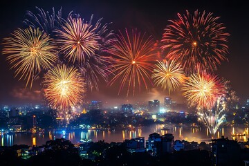 Fireworks Celebration with cityscape night light view of Chiang Mai at night in New Year time