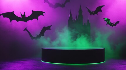 This modern Halloween display showcases a sleek podium glowing with green and purple lights, surrounded by flying bats and a distant castle