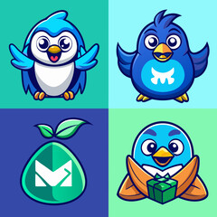 4 different cartoon-style logos for a blue bird mascot, a money bag logo, lettering with an M in the middle, a turquoise and green color scheme, a cute character design, a web3 game art style.