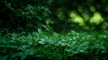 Lush green grass and plants with a blurred forest background.