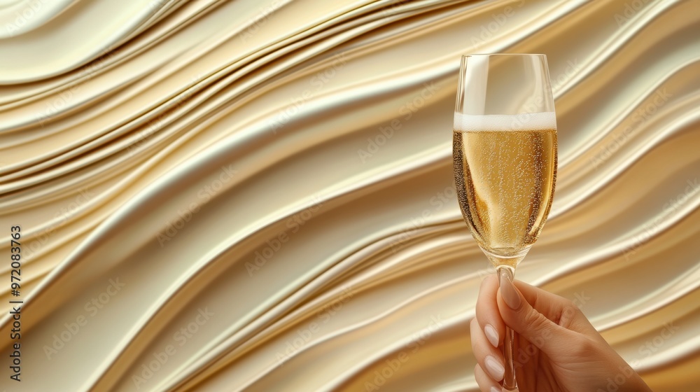 Sticker A person holding a glass of champagne in front of an abstract background, AI