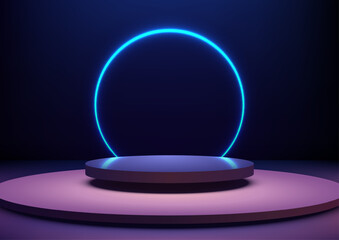 3D Technology Display with Neon Blue Light Above Circular Platform, Perfect for Futuristic Mockups, Showroom Displays, and Showcases on a Dark Purple Scene
