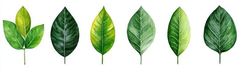 Obraz premium A vibrant collection of various green leaves showcasing unique shapes and textures, ideal for nature and botanical themes.
