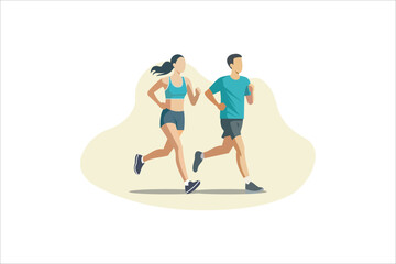Young couple running. Doing cardio exercises together. Active and healthy lifestyle. Time to lose weight. Vector illustration..
