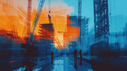 A surreal digital art illustration of a construction site with crane silhouettes and workers standing in the foreground.