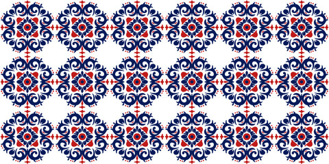 Pattern in red blue color with ceramic tiles in Turkish design. Seamless and colorful Azulejo tiles. Portuguese and Spanish decor.