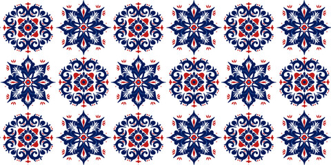 Beautiful Azulejo tile pattern, Portuguese or Spanish retro mosaic from old tiles, Mediterranean seamless navy blue and red design