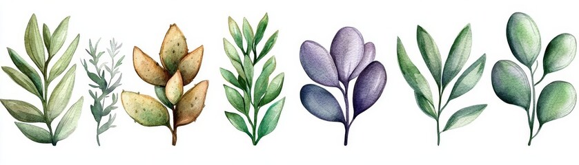 Obraz premium Set of hand-painted botanical leaves in various shades, perfect for design projects, invitations, and nature-themed artwork.