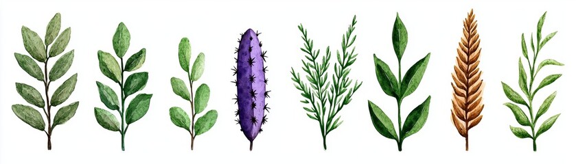 Obraz premium A collection of beautifully illustrated leaves and herbs, showcasing vibrant greens and unique shapes, perfect for nature-themed designs.