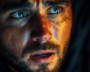 Sharp focus 4K image of a crying man s face, illuminated by TV glow, Nikon D810,  25 aperture,...