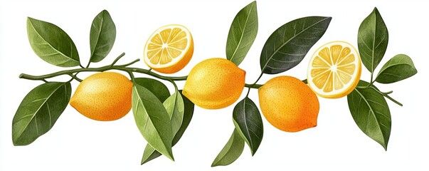 Obraz premium Vibrant lemons on a branch with green leaves, showcasing fresh citrus fruit and slices, perfect for culinary and health themes.