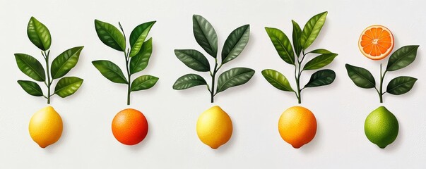 Obraz premium A vibrant display of citrus fruits with leaves, showcasing lemons, oranges, and limes, perfect for fresh food themes.