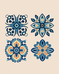 Set floral blue Oriental vintage tile patterns, seamless Azulejos design in vector Illustration