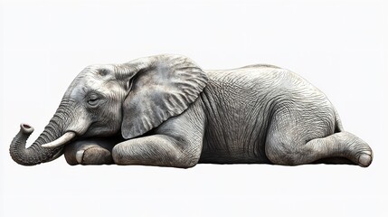 Fototapeta premium A peaceful elephant lies down on the ground, captured in a close-up shot showing its gentle and serene nature.