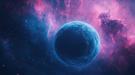 Obraz premium A vibrant blue planet surrounded by pink nebula clouds and a starry background.