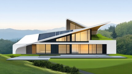 Naklejka premium A modern house with a green roof on top of the hill, AI