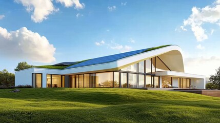 Obraz premium A modern house with a green roof on top of the hill, AI