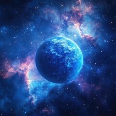 Fototapeta premium A blue planet with continents and clouds, surrounded by a nebula and stars, in space.