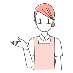 モノカラー・赤、暖色系、エプロン姿、マスクとグローブ着用、制服・笑顔で案内する歯科衛生士・歯科受付の女性スタッフ