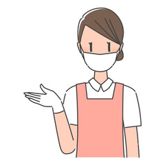 ピンクのエプロン姿、マスクとグローブ着用、制服・笑顔で案内する歯科衛生士・歯科受付の女性スタッフ