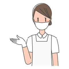 ホワイトのエプロン姿、マスクとグローブ着用、制服・笑顔で案内する歯科衛生士・歯科受付の女性スタッフ