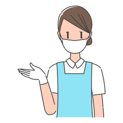 ブルーのエプロン姿、マスクとグローブ着用、制服・笑顔で案内する歯科衛生士・歯科受付の女性スタッフ