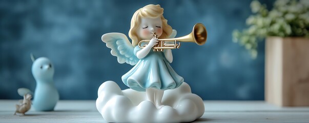 Cute ceramic angel on a cloud, playing trumpet, standing on one leg, simple and charming, whimsical design