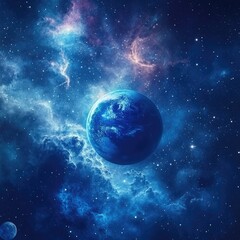 Naklejka premium A vibrant blue planet Earth in space with a cosmic background of nebulae, stars, and galaxies.