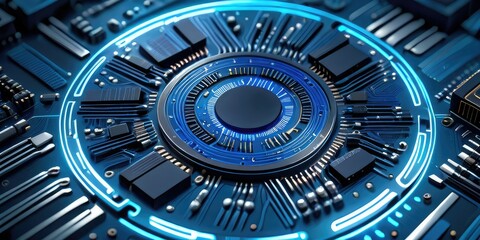 Circuit board computer A blue and silver processor circuit with a futuristic design.