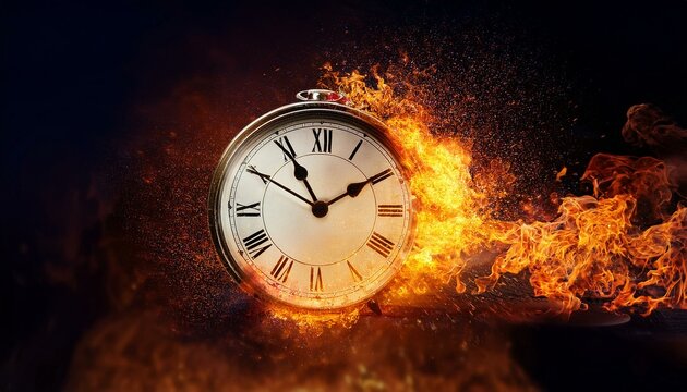 A clock is exploding and burning to show time is money concept; an alarm clock with roman numerals is in flame and burning against a dark background; action photography; concept art and imagination